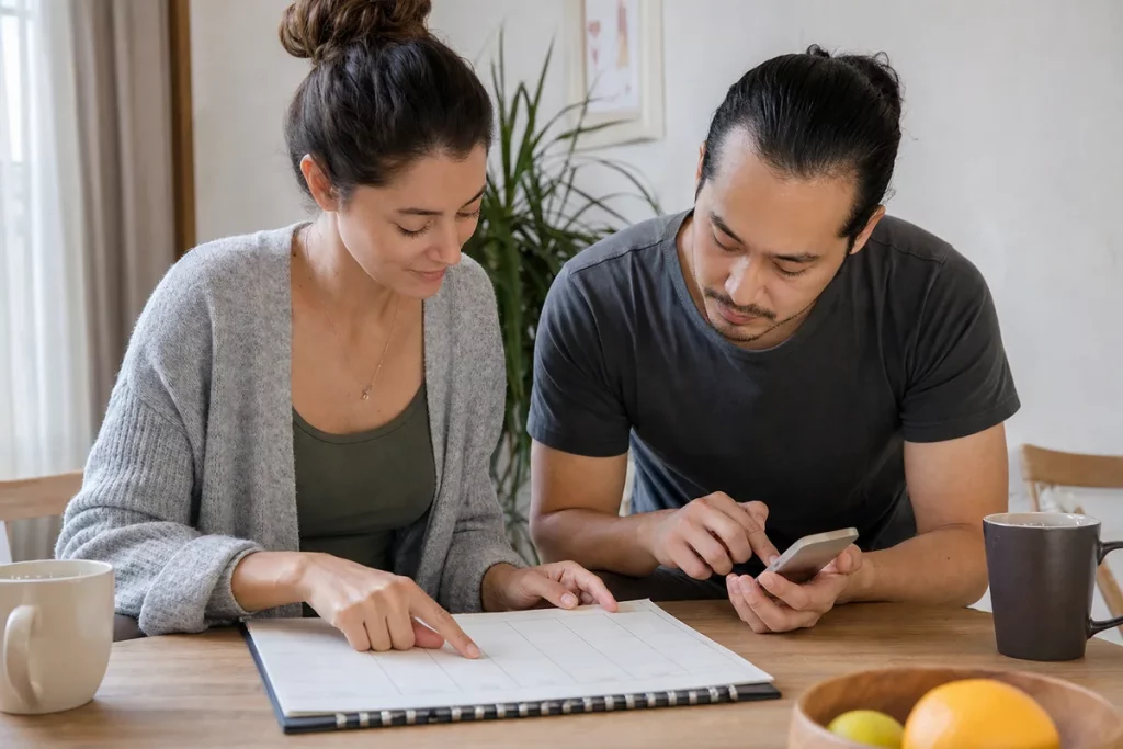 Two adult partners sitting side by side at home and calmly coordinating a shared weekly plan on paper and a phone calendar.