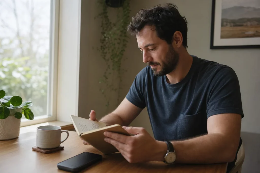 An adult reviewing a short handwritten values list before opening a dating app in a calm, uncluttered home setting.