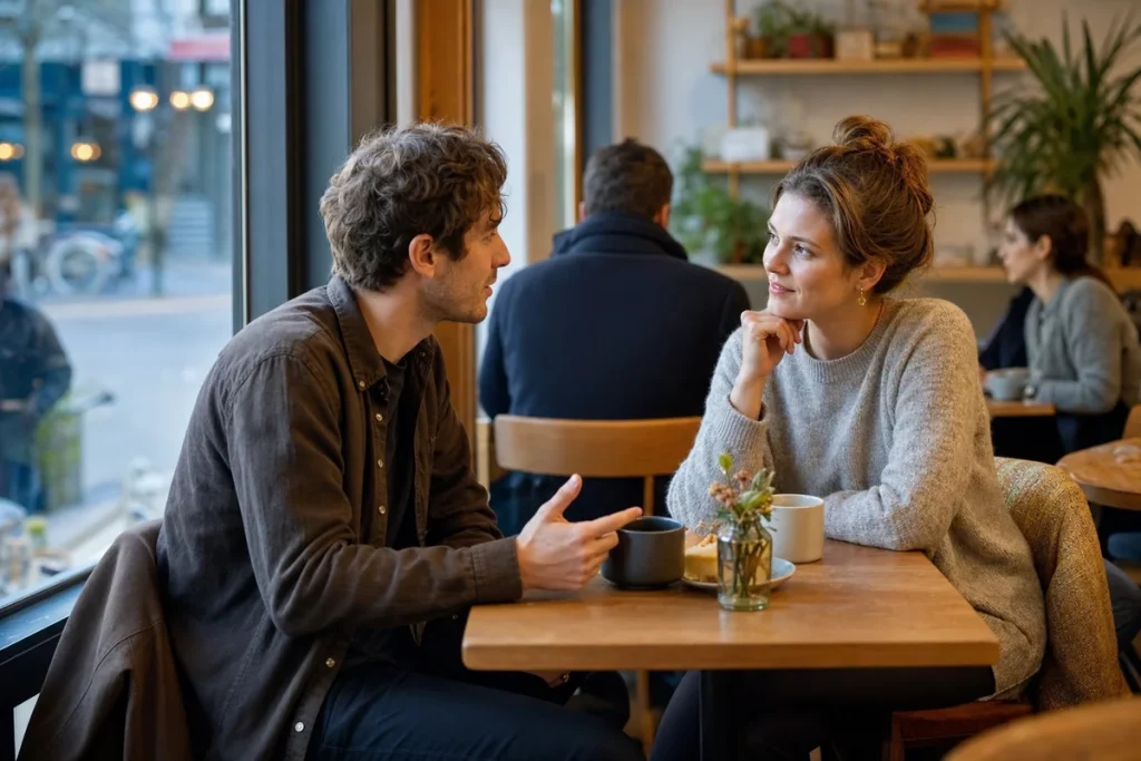Two adult coworkers having a discreet after-work conversation in a public café away from their office, with professional and relaxed body language.