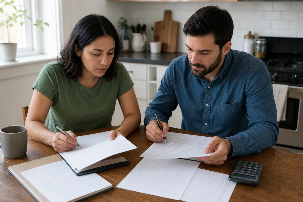 Two adult partners reviewing a lease, monthly budget, and moving checklist together at a bright kitchen table before signing.