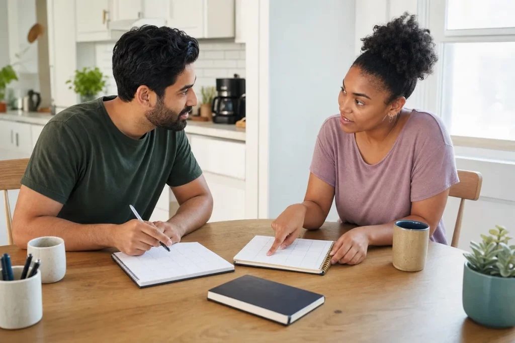 Two adult partners comparing personal calendars at a bright kitchen table while keeping separate notebooks and relaxed body language.
