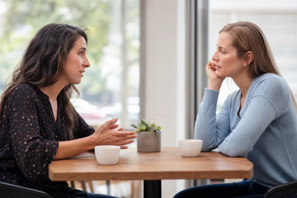 Two adult friends having a calm, slightly vulnerable conversation across a small café table in daylight.
