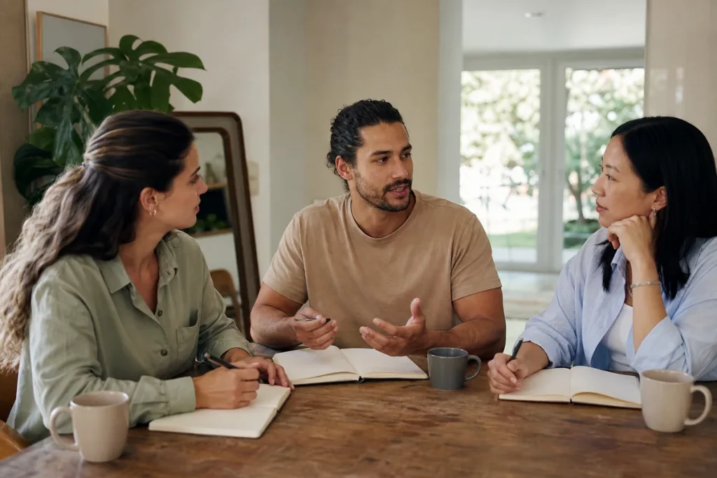 Three adults in a calm household meeting using separate notebooks to discuss schedules, with equal seating and attentive body language.