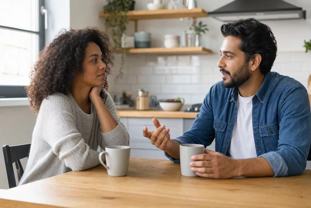 Two adult partners speaking quietly at a kitchen table, with one person sharing and the other listening without interruption.