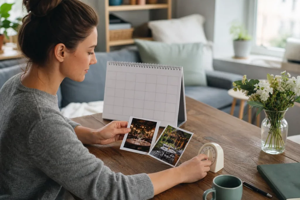 An adult preparing for a low-key café date at home, choosing a quiet venue on a map and setting a reasonable end time.