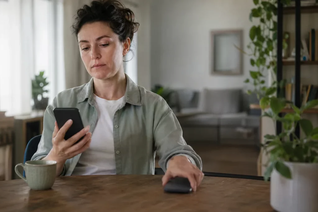 An adult sitting at home after reading a clear dating message, setting the phone down and taking a slow breath.