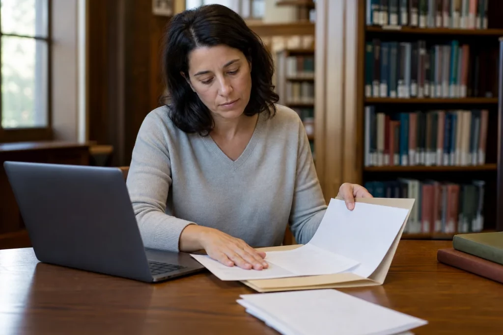 An adult privately reviewing personal bank records at a library desk with a phone and notebook, no visible account numbers.
