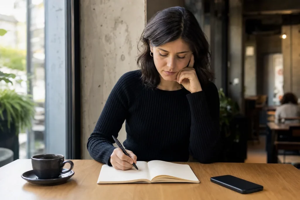 An adult reflecting alone after a date at a bright café table, calmly writing one specific observation instead of scrolling social media lists.
