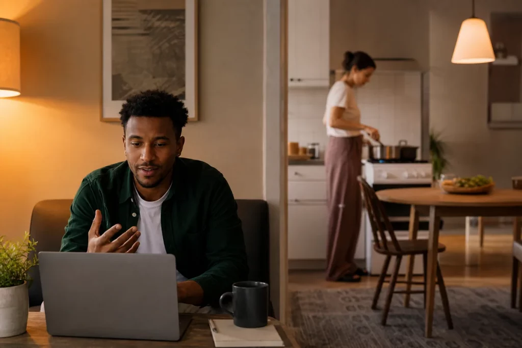 An adult explaining current capacity on a private video call while their partner prepares a quiet evening nearby.