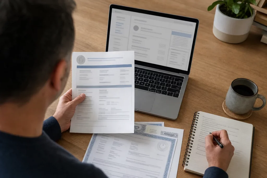 An adult carefully cross-checking a public-record result at a home desk with all identifying details obscured.