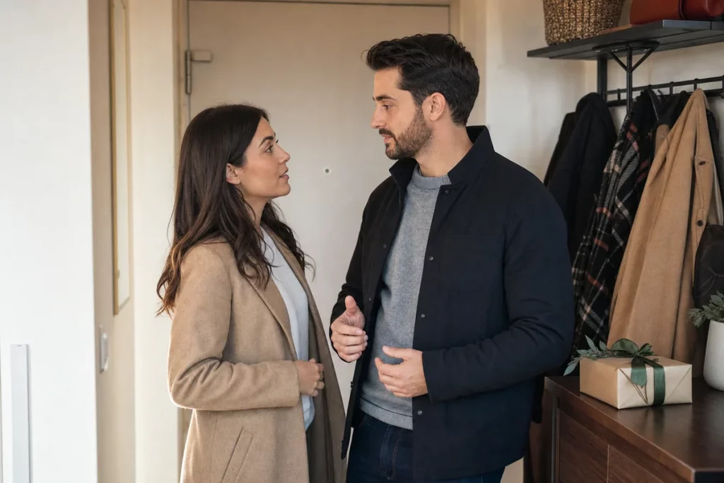 An adult couple having a quick private check-in in an entryway before meeting family.