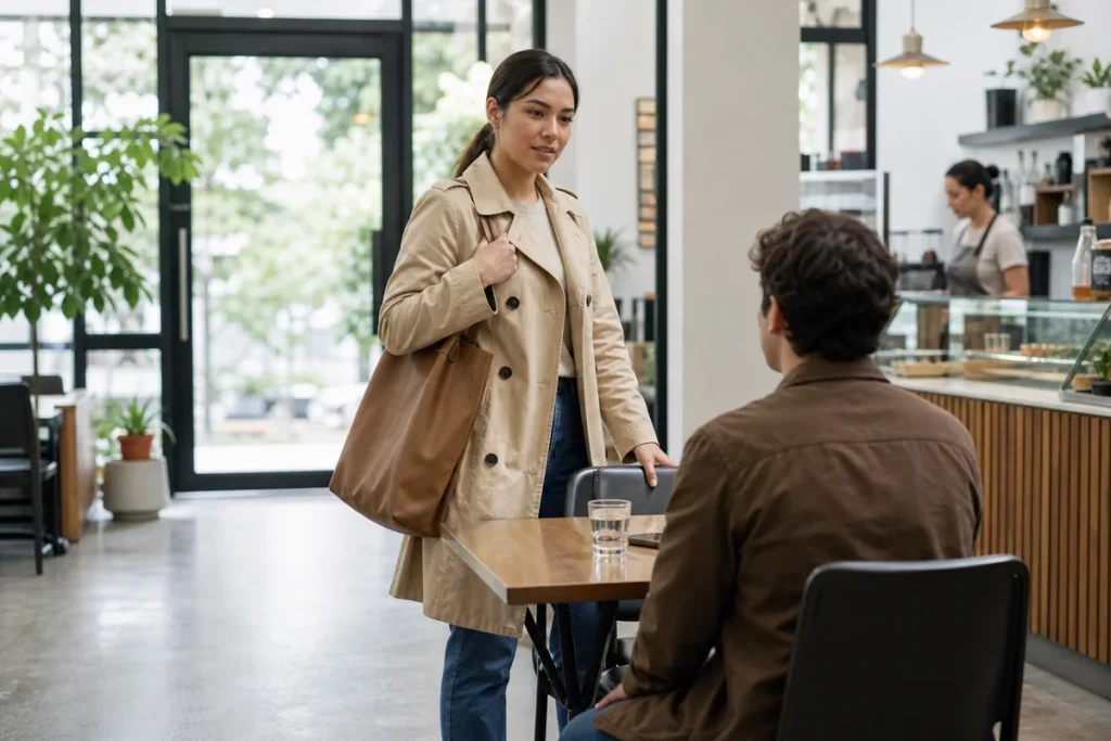 An adult ending an uncomfortable public date calmly near a visible café exit.