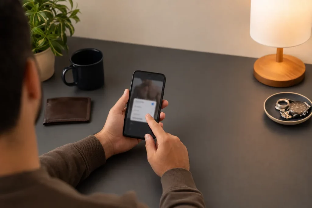 An adult reviewing phone privacy settings before sharing a private message, with all screen content unreadable.