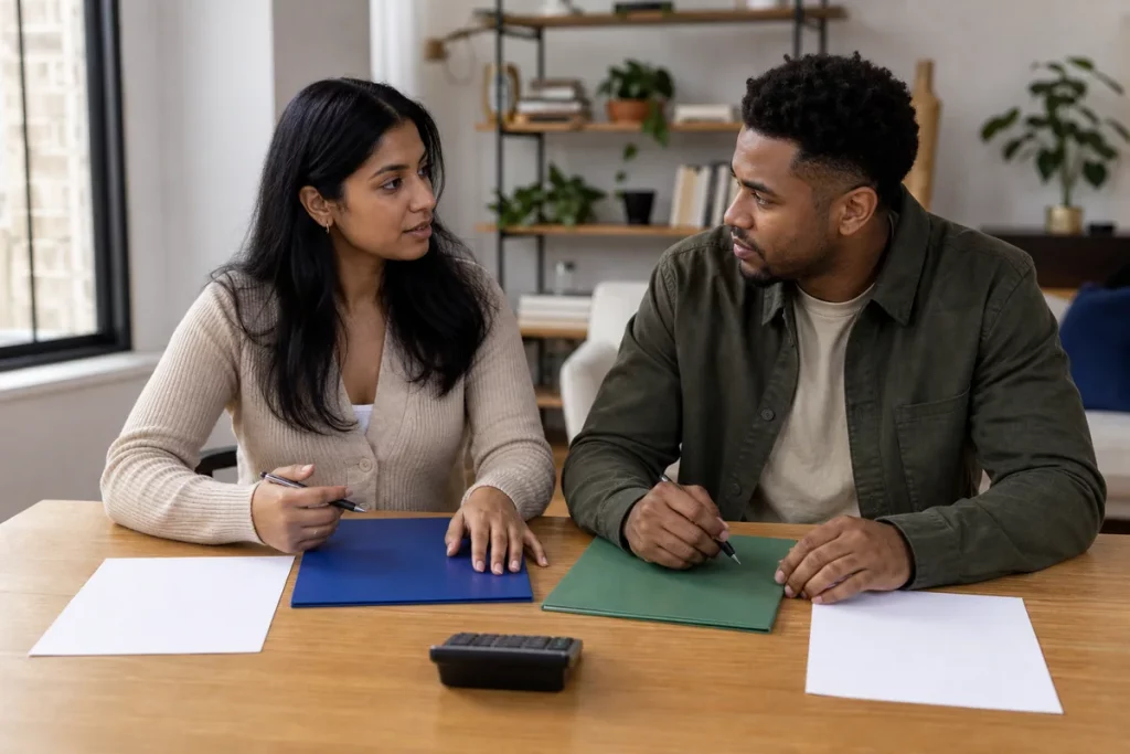Two adults reviewing separate financial plans without exchanging cards or signing documents.