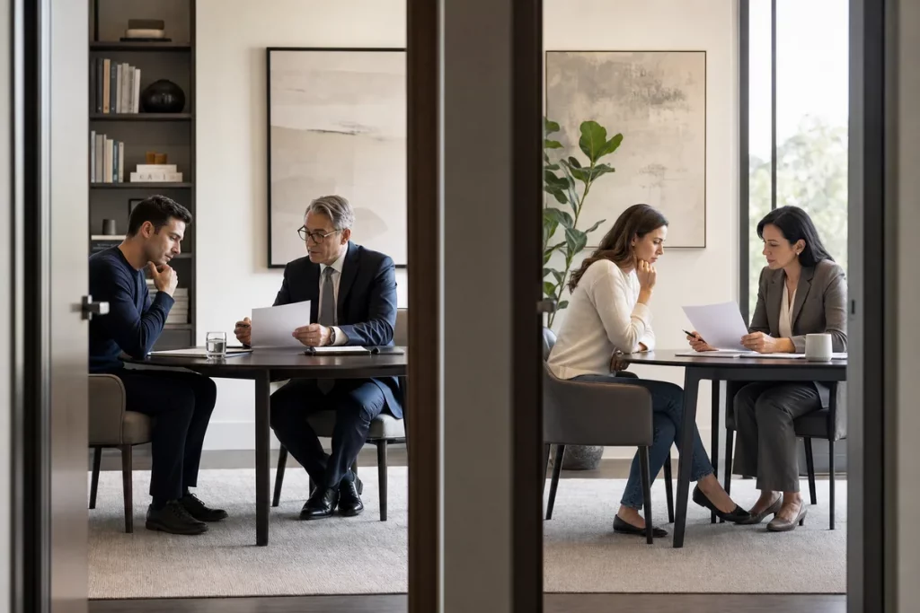 Two adults separately reviewing a proposed premarital agreement with independent advisors in adjacent professional spaces.