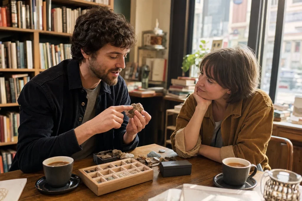 One adult enthusiastically describing a niche hobby while their date listens with curious amusement.