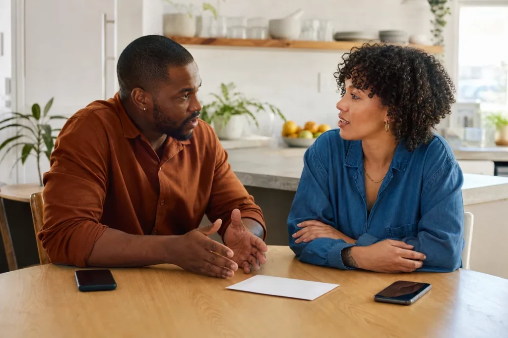 Two adults discussing sexual health and expectations at a bright kitchen table, with no private results visible.