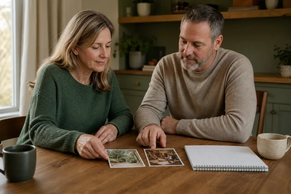 Two adult partners comparing quiet date options beside a blank calendar at a kitchen table.