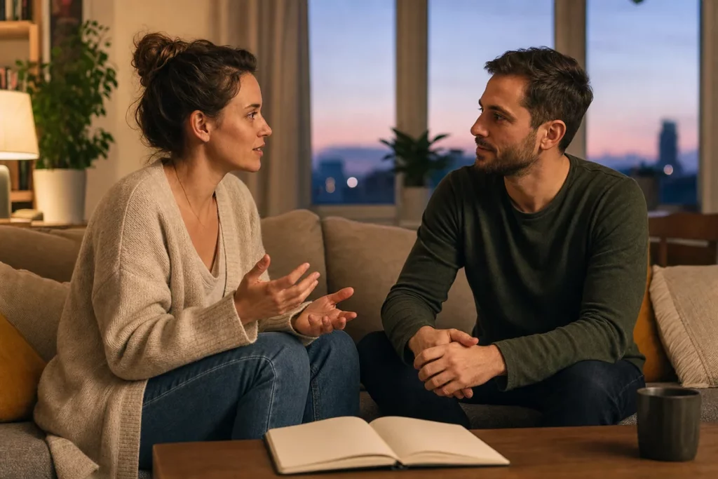 Two adult partners having a calm evening check-in with an open notebook nearby.