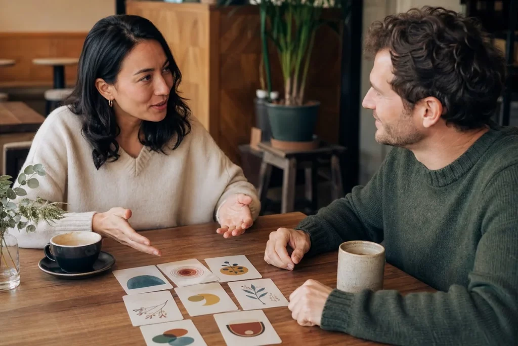 Two adults using abstract conversation cards during a low-pressure café date.