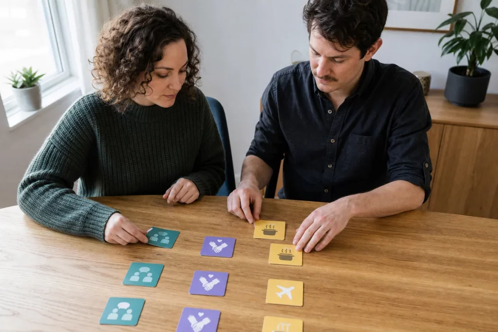 Two adults sorting illustrated intimacy preferences into three unlabeled groups.