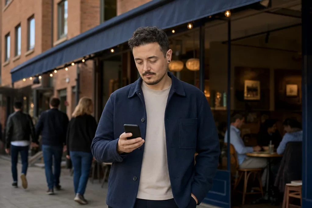 A trans adult sending a private check-in outside a populated café before a date.