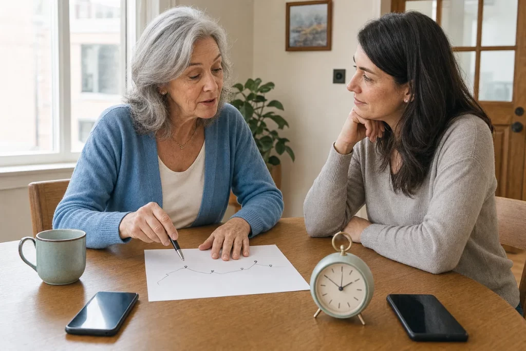 An older adult leading a date-plan review with a trusted family member before leaving home.