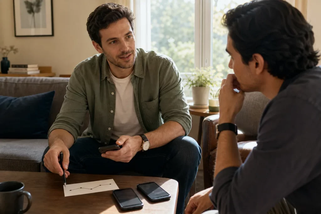 An adult sharing a blind-date itinerary and check-in time with a trusted friend at home.