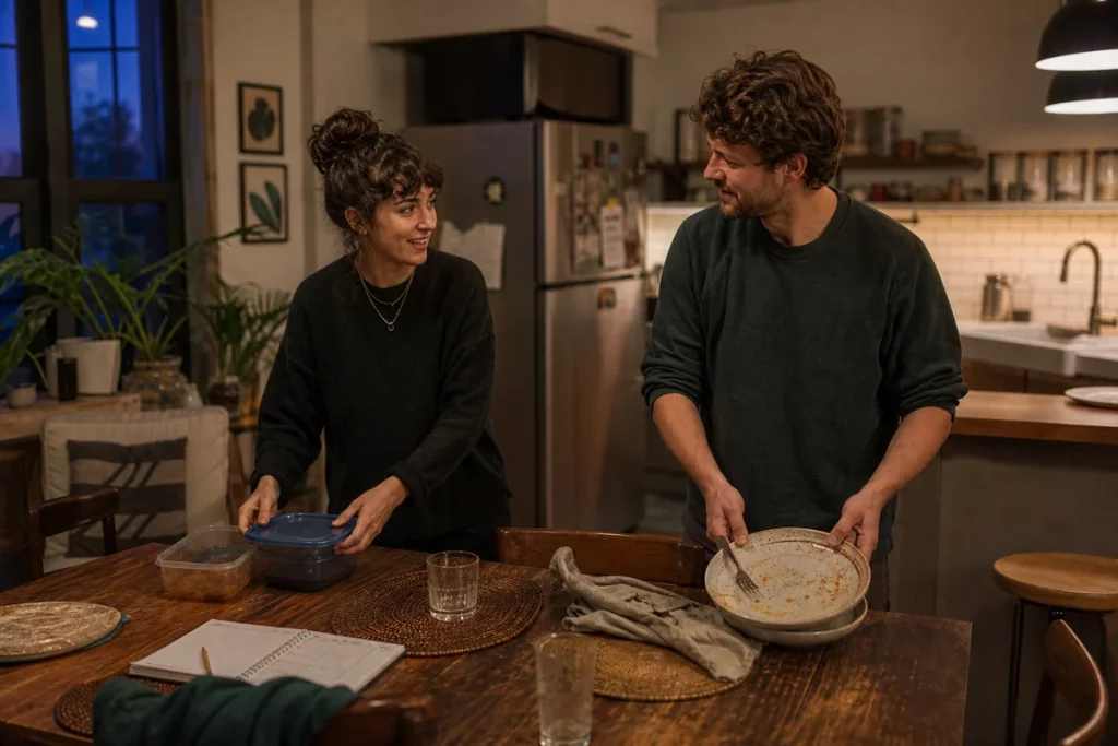 Two partners sharing an ordinary evening reset by packing leftovers and clearing the table.