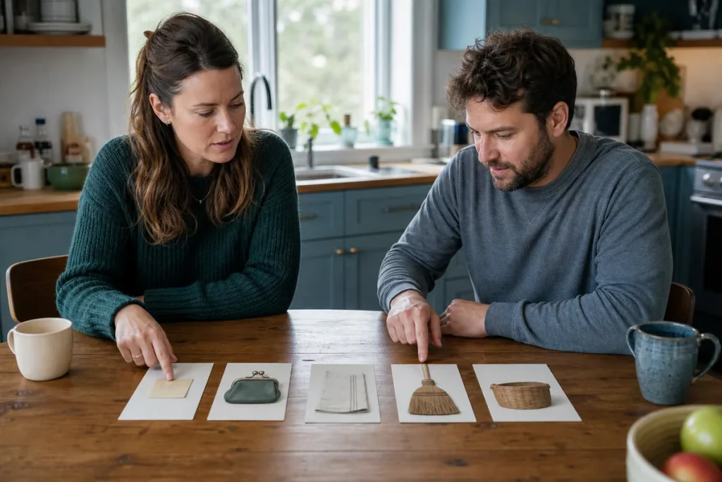 Two partners mapping the hidden stages of a household task with unlabeled object cards.