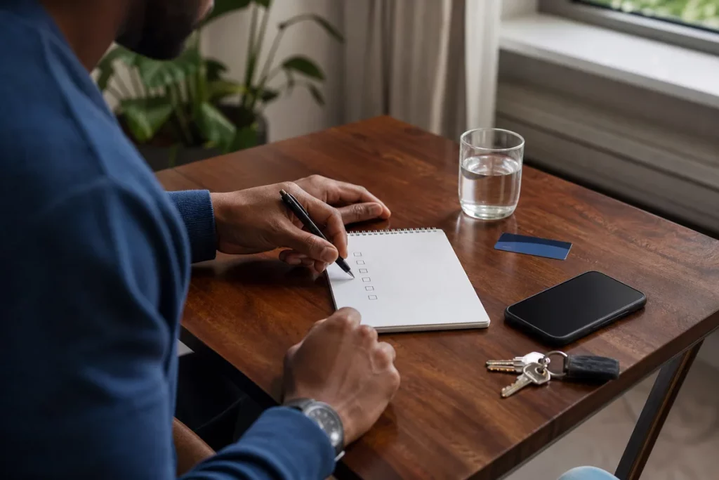 An adult calmly preparing for a first date with a simple checklist, transit plan, and glass of water at home.