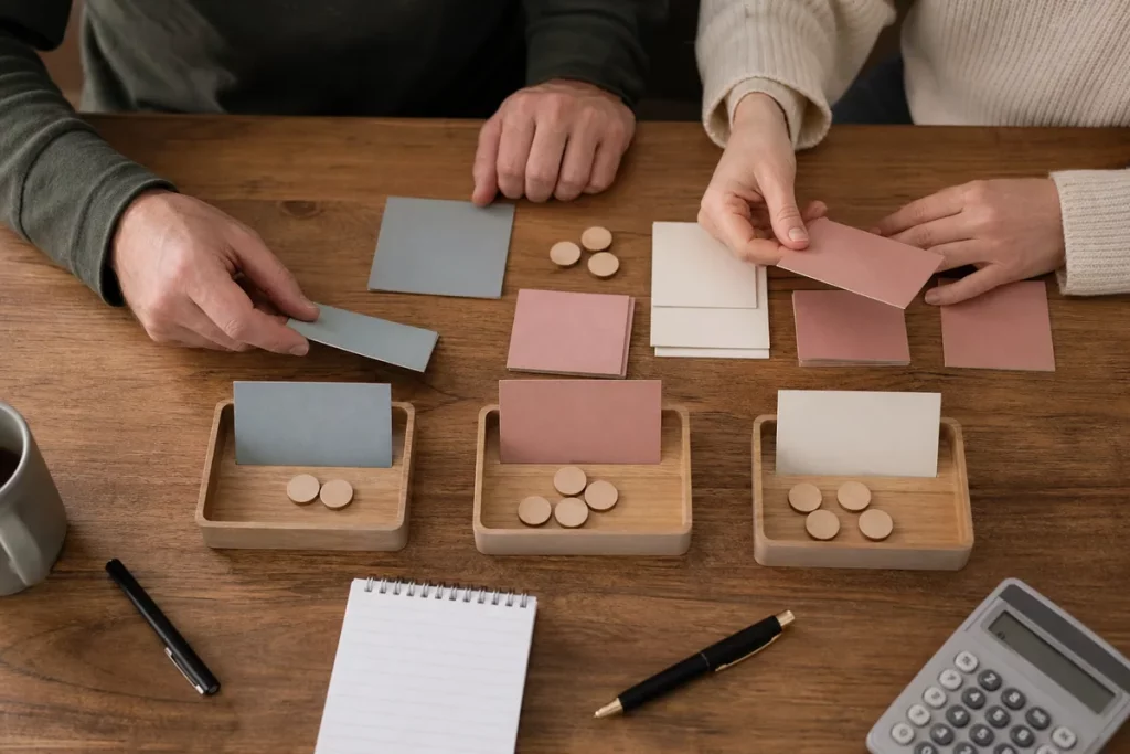 Two adult partners sorting blank expense cards and wooden markers into separate and shared trays on a kitchen table.