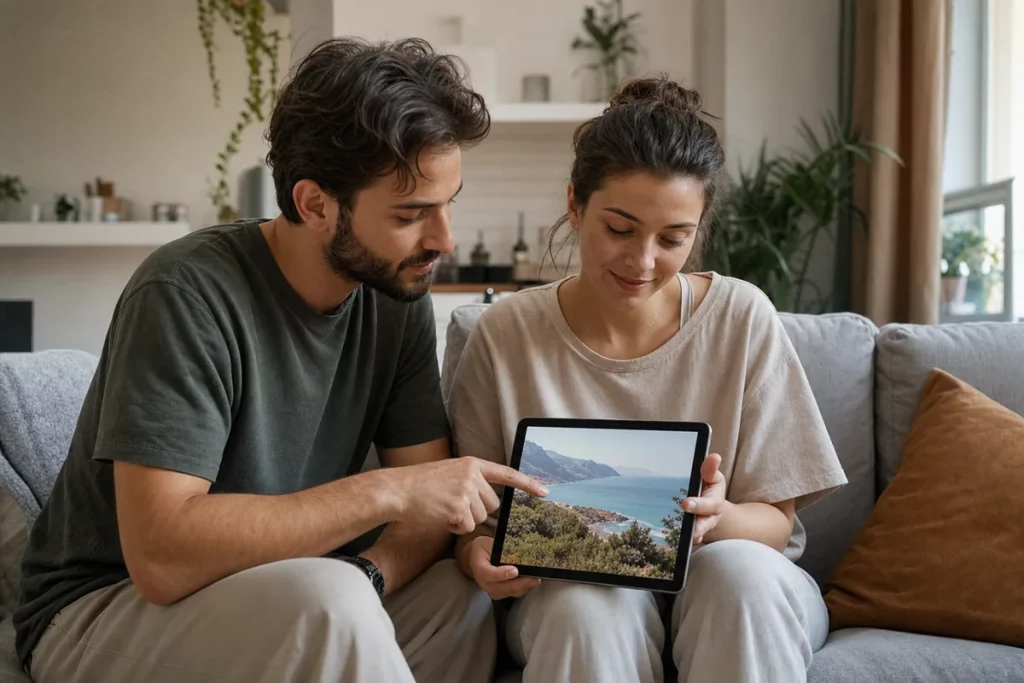 Two adult partners reviewing a cropped vacation photo together before deciding whether to share it online.