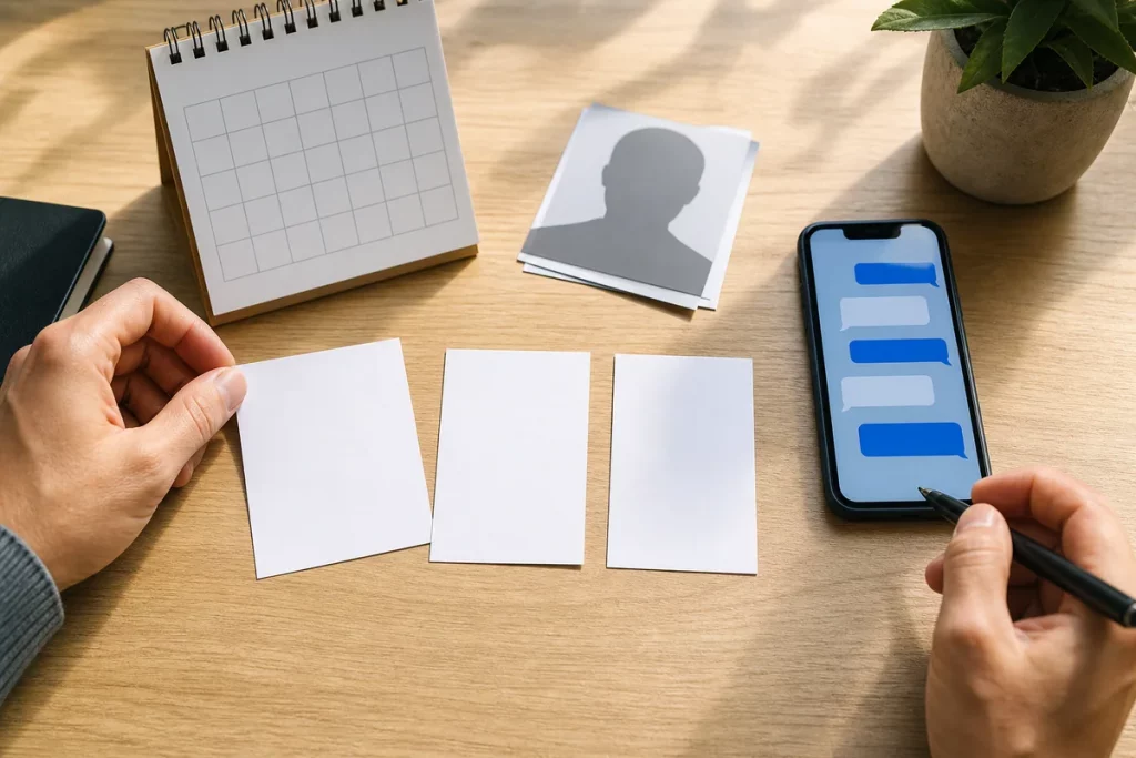 An adult arranging three blank claim cards beside a calendar, profile placeholder, and abstract message thread.