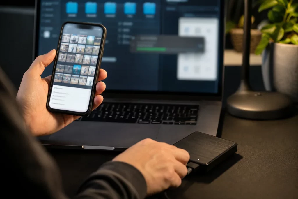 An adult transferring blurred screenshot evidence from a phone to an external drive beside a secure laptop.