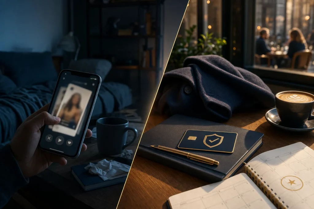 Split editorial scene contrasting a cool-toned swipe-feed moment with a warm trust-first public-date preparation scene.