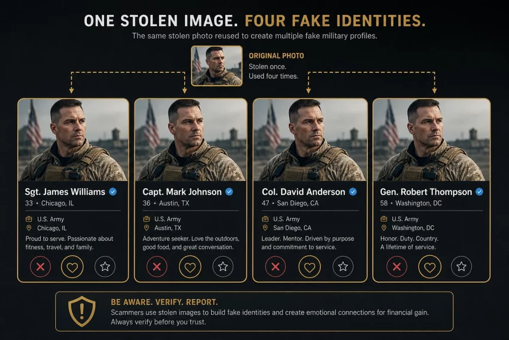 Military romance scam pictures — four identical stolen photos with different fake names showing how scammers reuse images