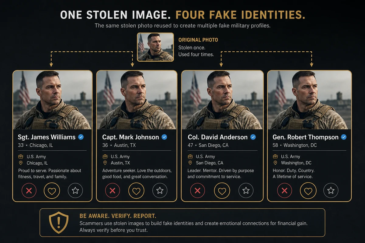 Military romance scam pictures — four identical stolen photos with different fake names showing how scammers reuse images