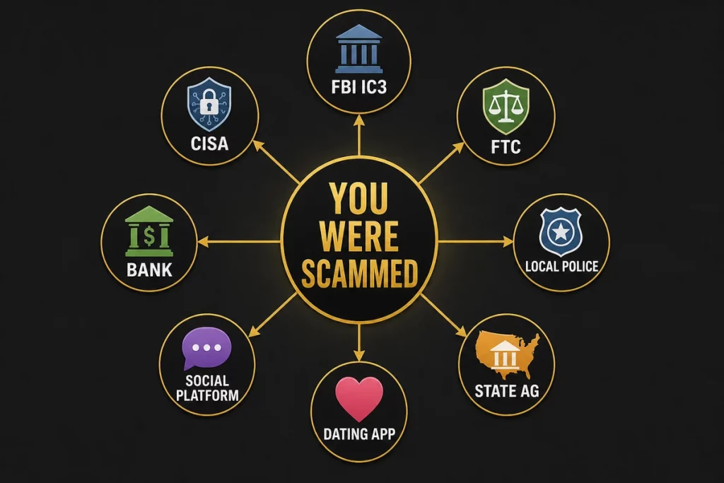 How to report a scammer — infographic showing 8 reporting destinations including FBI IC3 FTC and local police