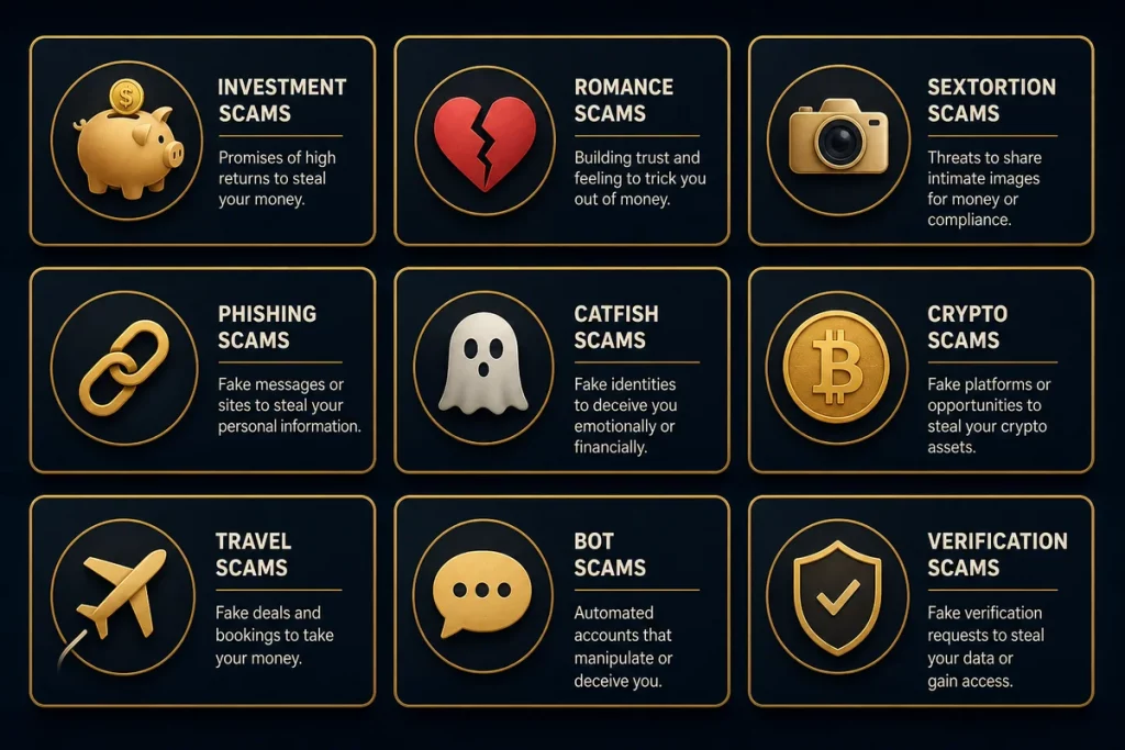 Hinge scams types — nine icons representing the most common scam patterns found on the Hinge dating app in 2026