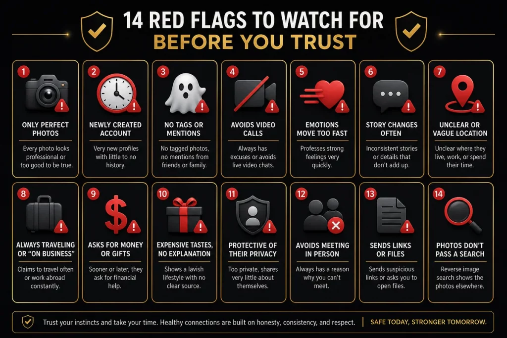 Catfish on social media warning signs — fourteen red flag icons arranged in a checklist format for identifying fake social media profiles