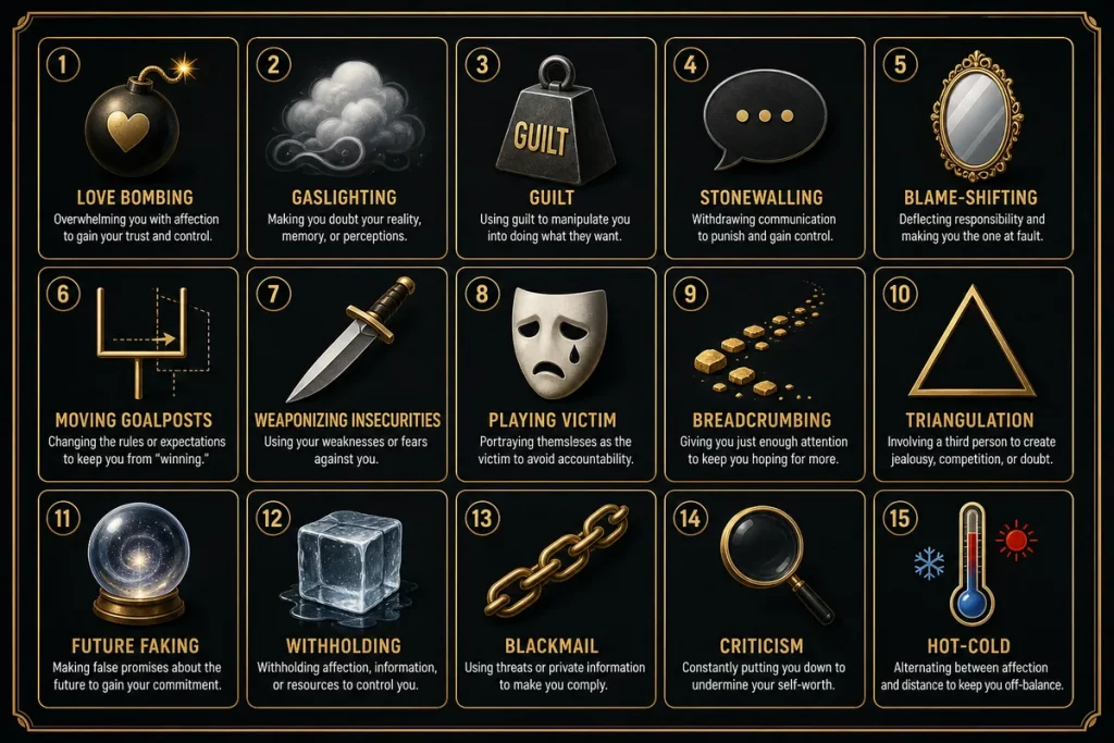Emotional manipulation tactics — fifteen warning signs displayed as labeled icons in a grid showing common manipulative behaviors in relationships