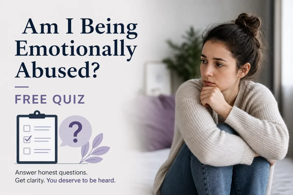 Test emotional abuse quiz — twenty-five assessment questions displayed as a structured self-evaluation form for identifying emotionally abusive relationship patterns