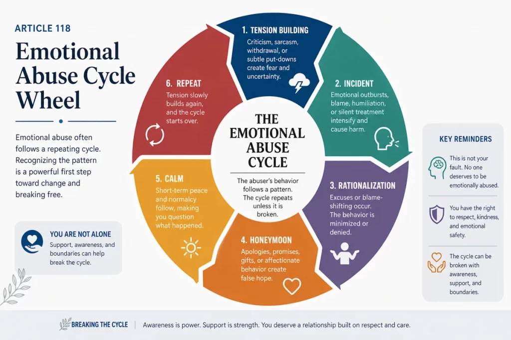 Emotional abuse cycle wheel four phases — detailed diagram showing tension building incident reconciliation and calm with behaviors listed for each phase