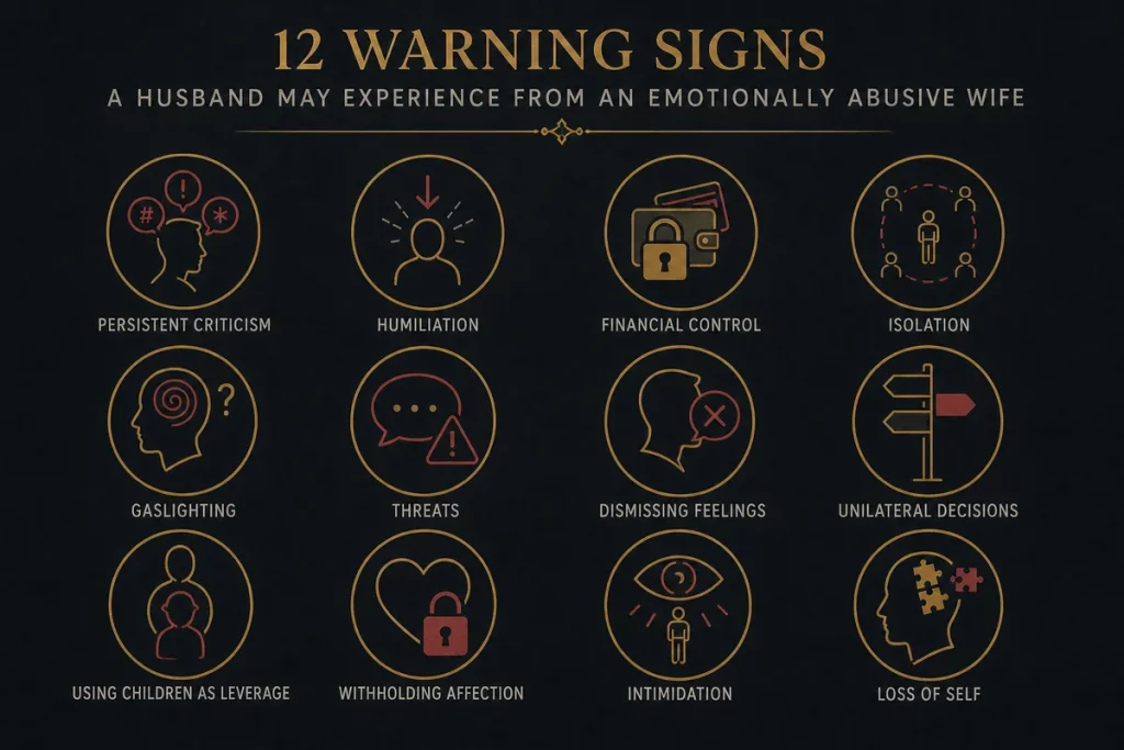 Emotional abuse wife signs — twelve warning indicators specifically relevant to men experiencing emotional abuse from a female spouse