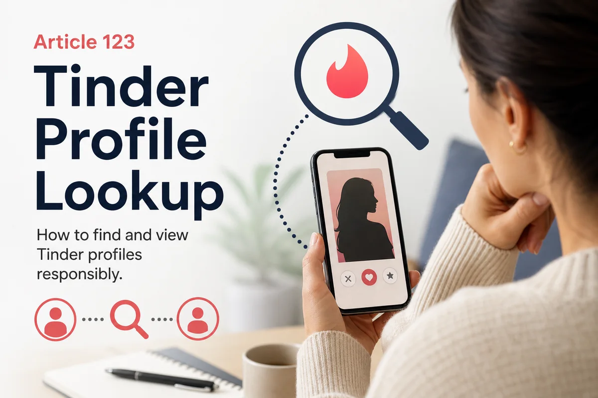 Tinder profile lookup five methods — icons showing Google search reverse image search social media cross-reference phone verification and GuyID identity check
