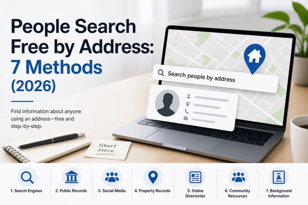 People search free by address seven methods — icons showing county records Google Maps voter registration Zillow USPS sex offender registry and GuyID tools