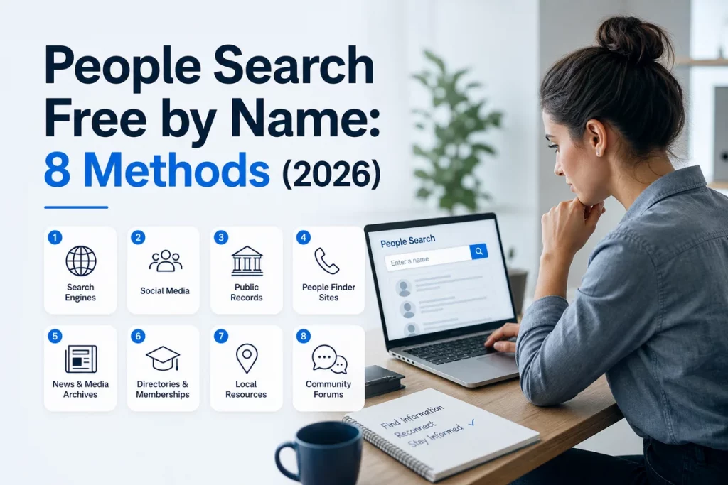 People search free by name eight methods — icon grid showing Google social media LinkedIn county court records voter registration NSOPW WhitePages and GuyID tools