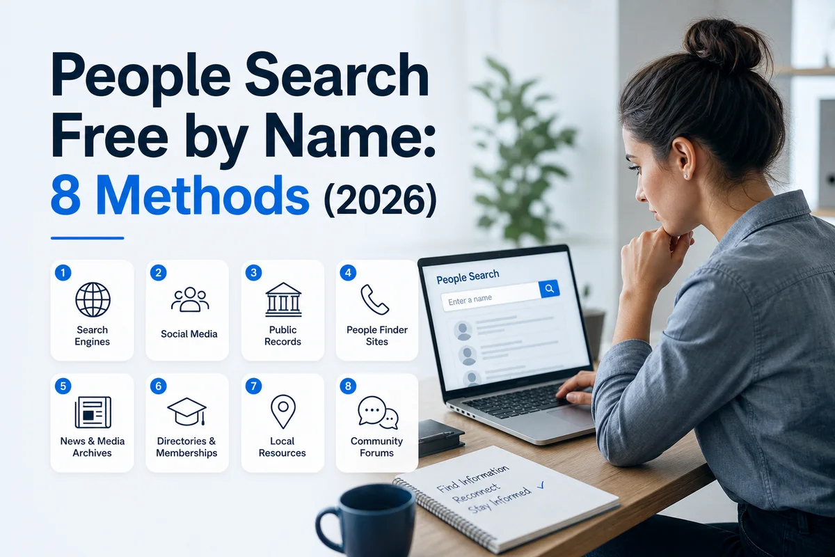 People search free by name eight methods — icon grid showing Google social media LinkedIn county court records voter registration NSOPW WhitePages and GuyID tools