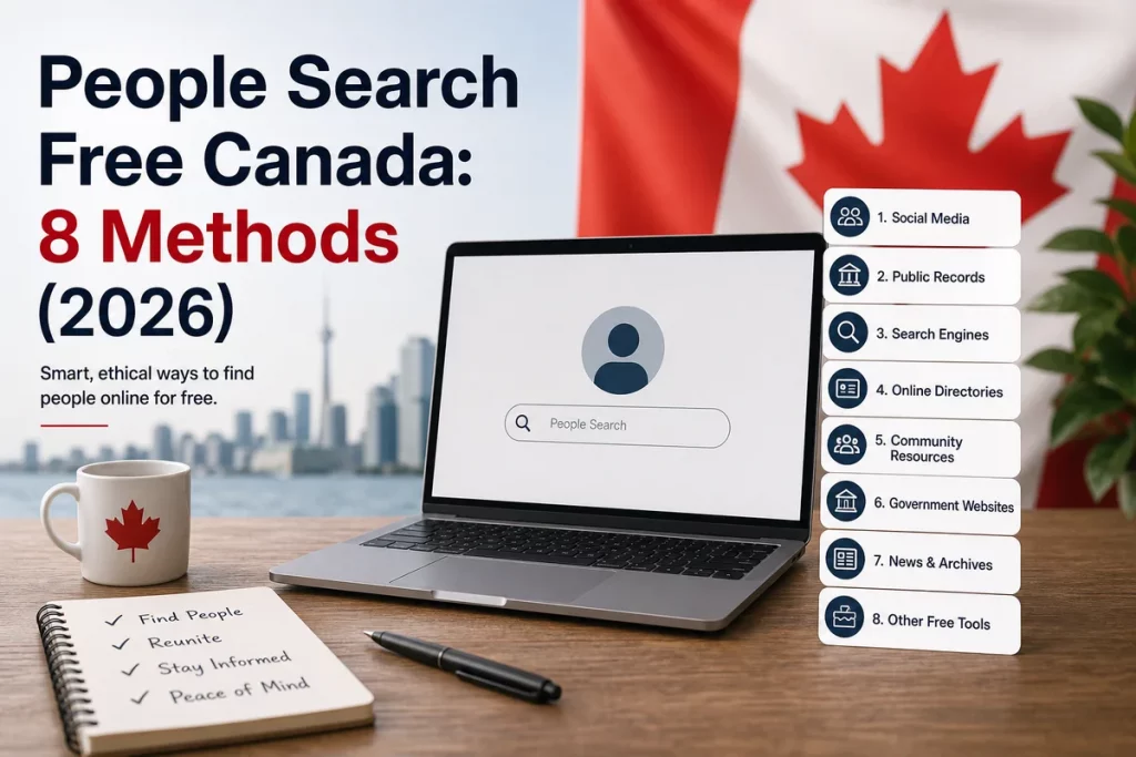 People search free Canada eight methods — icons showing Google Canada411 LinkedIn provincial court records land registry Elections Canada social media and GuyID
